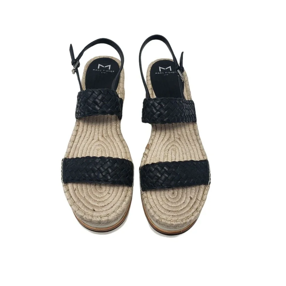 Marc Fisher Gabli Leather Braided Straps Platform Wedge Sandal Black Size 10 NEW